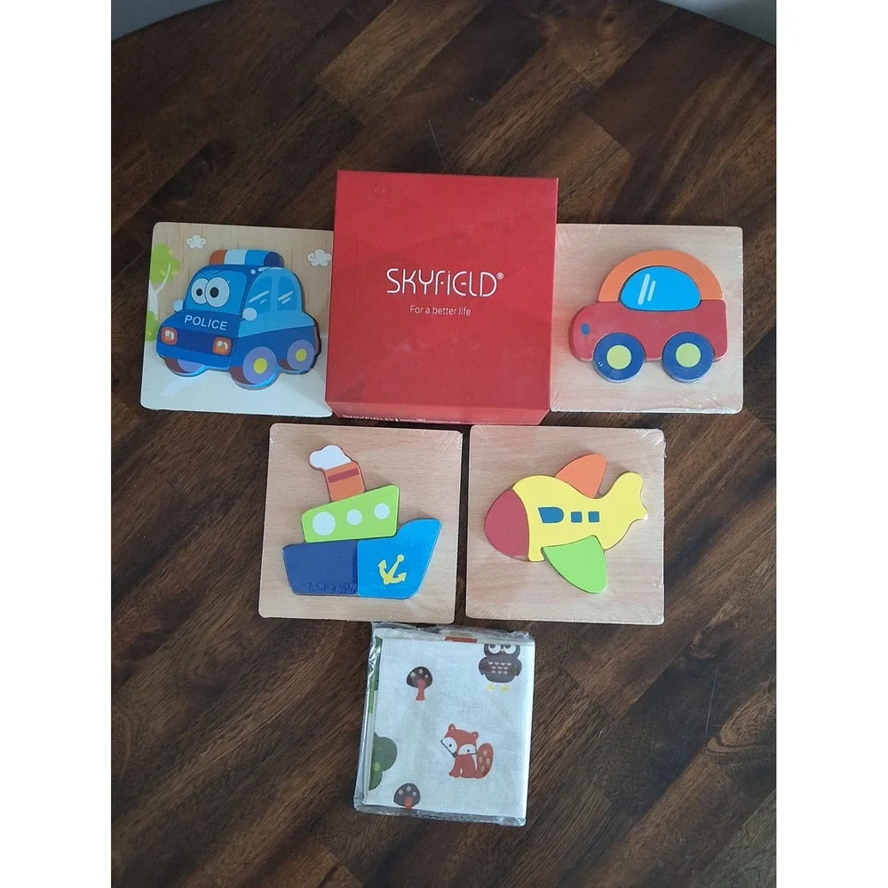 Skyfield Wooden Toddler Puzzles 4 Pack Montessori Transportation Toys with Bag